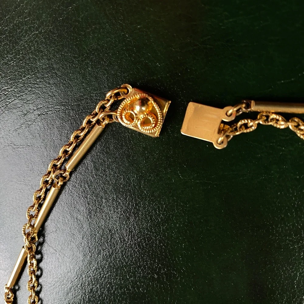 Vintage Gold tone filigree Runway Necklace Dangle Beaded and double chain 1960s